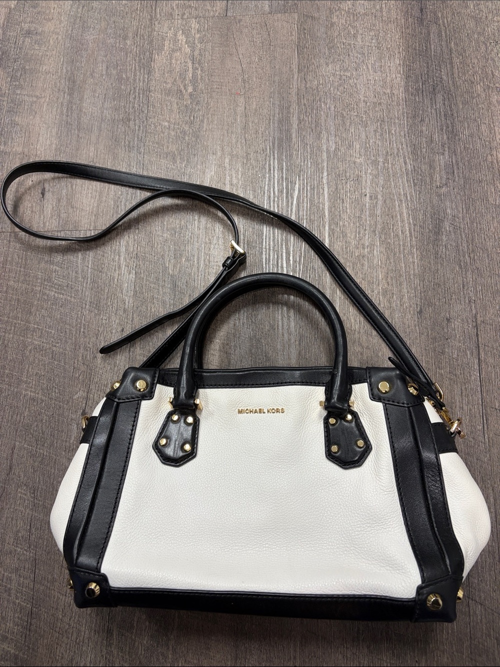 Michael Kors White and Black Leather Satchel with Gold Hardware